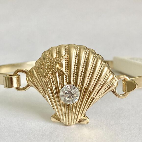 Scallop Sea Shell Bracelet Bangle Nautical Island Beach 7.5" Gold Plated Crystal - Picture 13 of 13